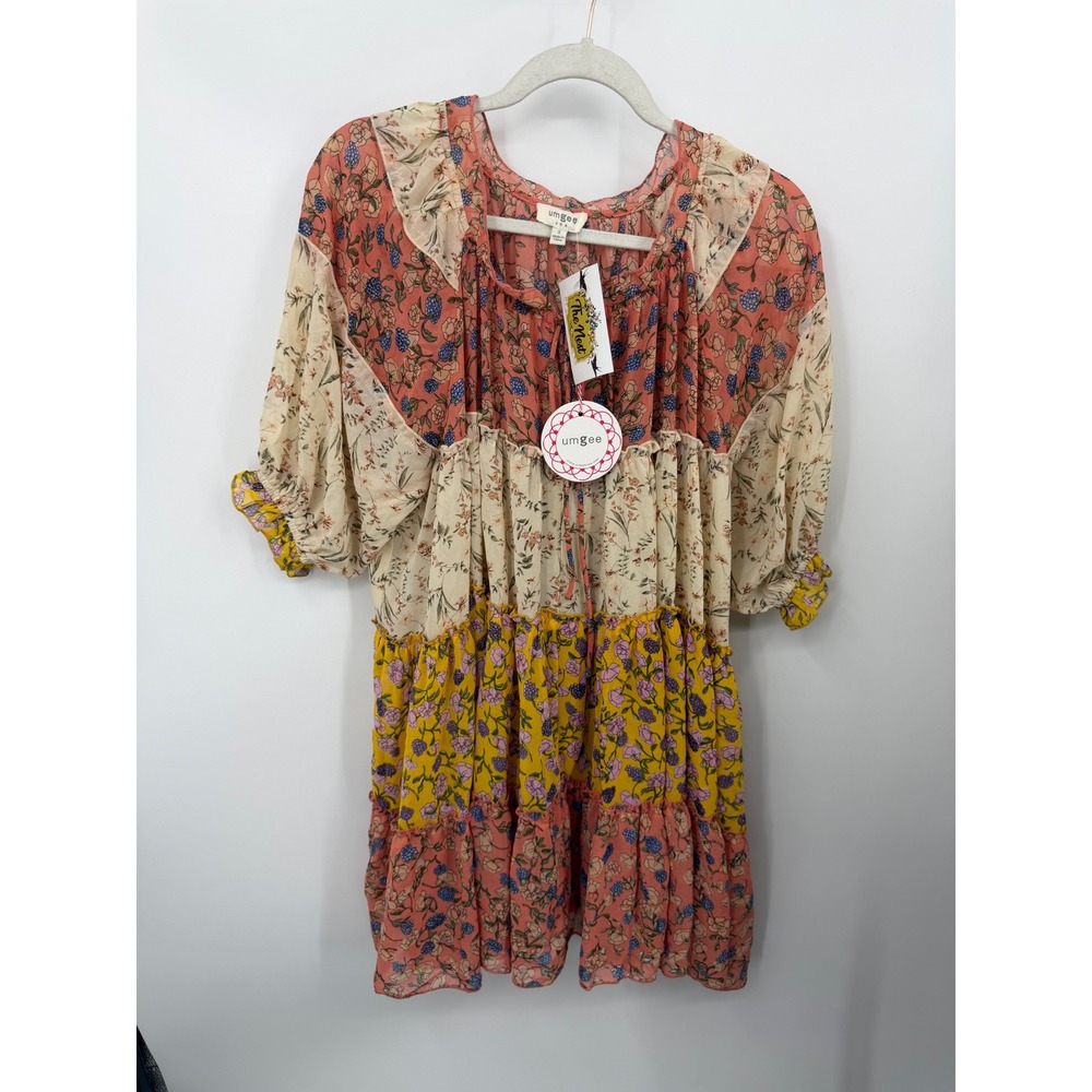 Umgee Patchwork Tunic Dress Womens Small Multicolor Floral Tiered Boho